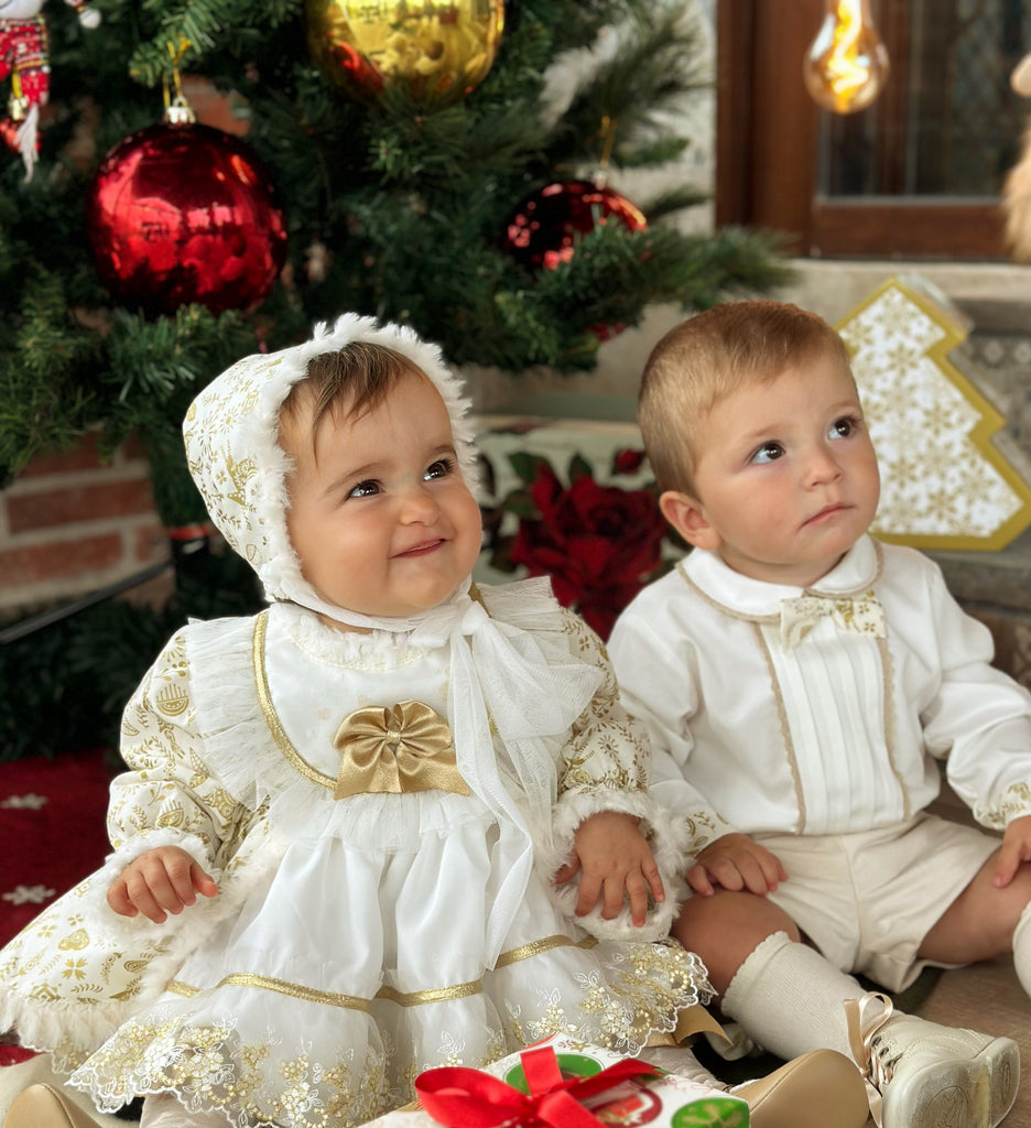 Sonata AW24 Spanish Girls Cream & Gold Reindeer Christmas Dress NA2404 My Fair Baby Boutique Sonata AW24 Spanish Girls Cream & Gold Reindeer Christmas Dress NA2404 My Fair Baby Boutique