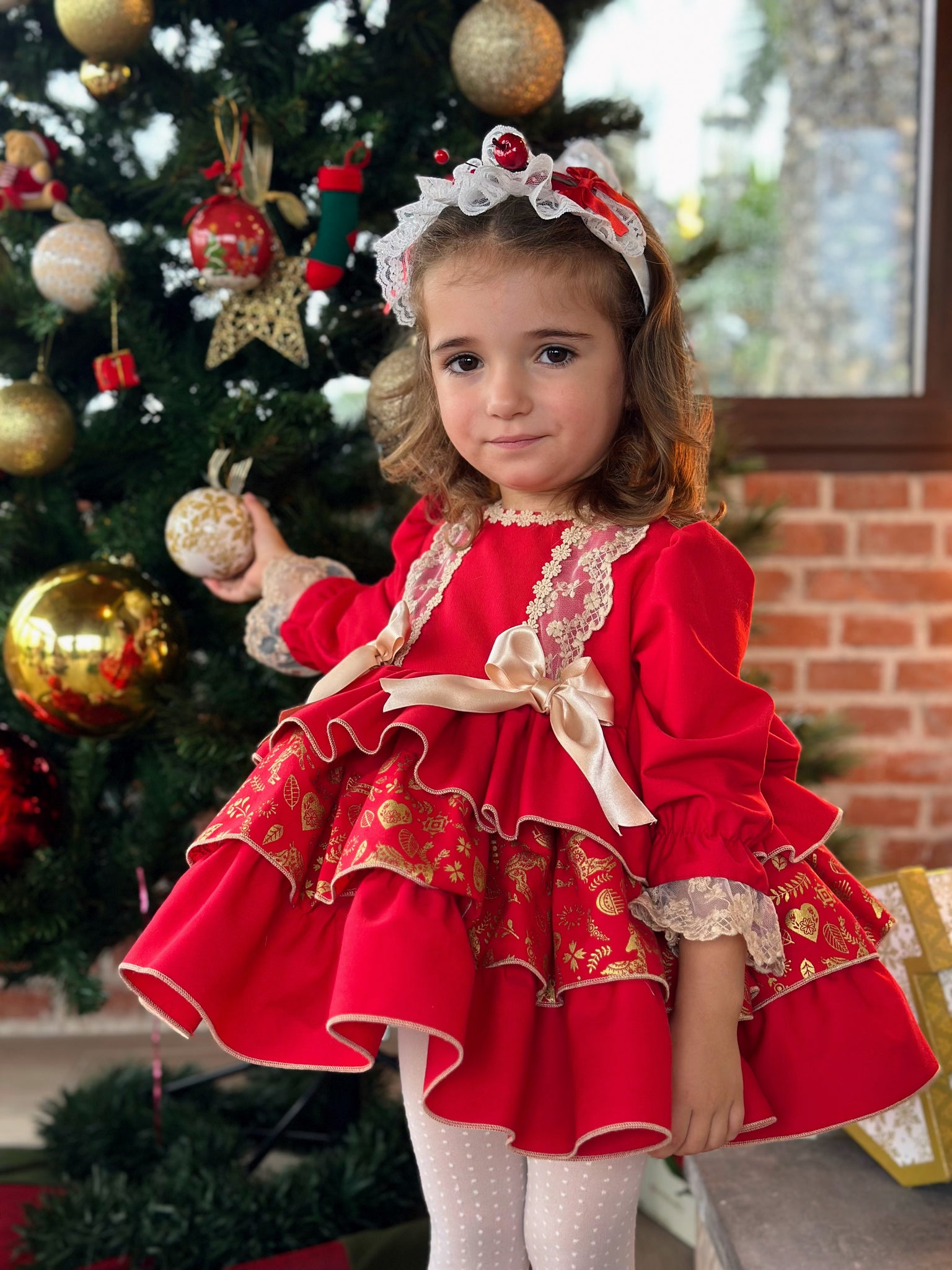 Sonata AW24 Spanish Girls Red & Gold Christmas Snowflake Print Puffbal My Fair Baby Boutique Sonata AW24 Spanish Girls Red & Gold Christmas Snowflake Print Puffbal My Fair Baby Boutique