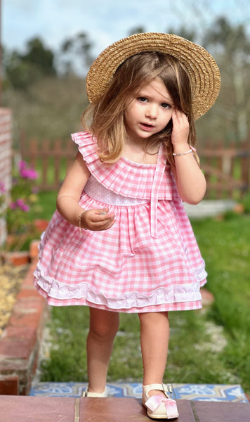 Sonata Infantil Girls Pink & White Check Summer Dress VE2521 - MADE TO ORDER