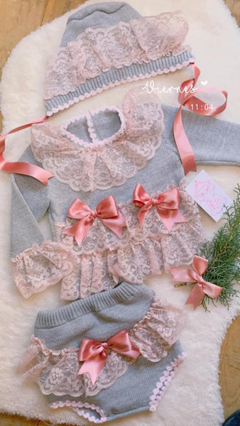 Ela Confeccion AW23 Spanish Baby Girls Grey Knitted Jam Pant Set - MADE TO ORDER