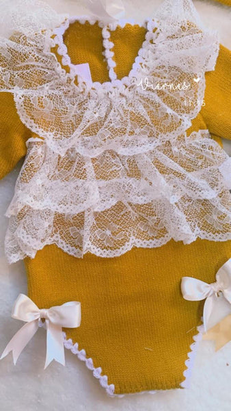 Ela Confeccion AW23 Spanish Baby Girls Mustard Knitted Romper Set - MADE TO ORDER