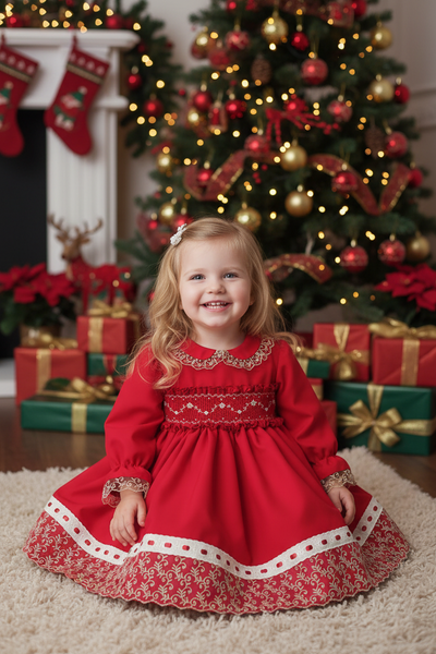 Sonata Infantil Spanish Girls Red Smocked Natalie Puffball Dress IN2114 - MADE TO ORDER