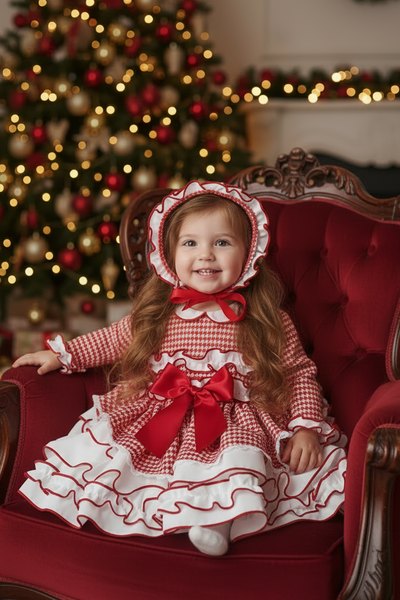 Sonata Infantil Spanish Girls Red Houndstooth Clemence Puffball Dress IN2130 - MADE TO ORDER