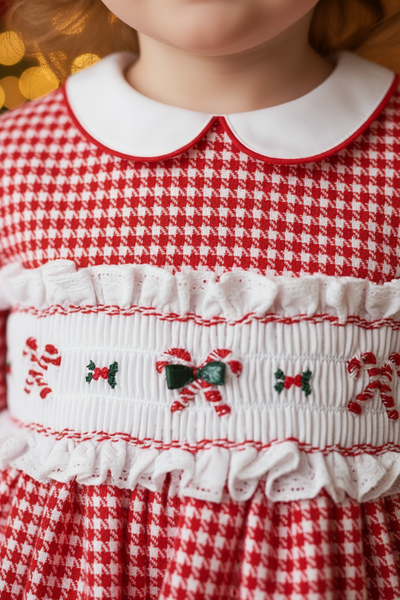 Sonata Infantil Spanish Girls Candy Cane Red Smocked Christmas Puffball Dress IN2131 - MADE TO ORDER