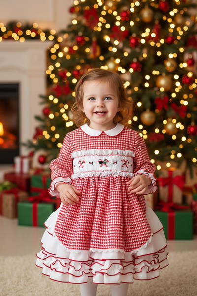 Sonata Infantil Spanish Girls Candy Cane Red Smocked Christmas Puffball Dress IN2131 - MADE TO ORDER