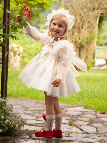 Sonata AW23 Spanish Girls Cream & Red Organza Smocked Puffball Dress IN2307 - MADE TO ORDER