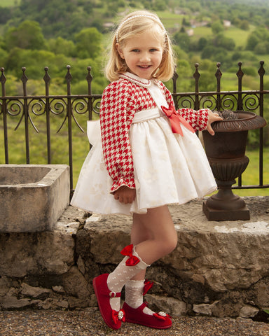 Sonata AW23 Spanish Girls Red & Cream Dogtooth Puffball Dress IN2308- MADE TO ORDER