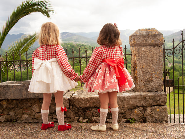 Sonata AW23 Spanish Girls Red & Cream Dogtooth Puffball Dress IN2309- MADE TO ORDER