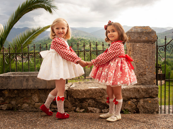 Sonata AW23 Spanish Girls Red & Cream Dogtooth Puffball Dress IN2309- MADE TO ORDER