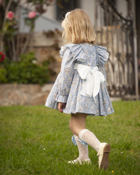 Sonata AW23 Spanish Girls Blue Floral Smocked Puffball Dress & Hairclip IN2339 - MADE TO ORDER