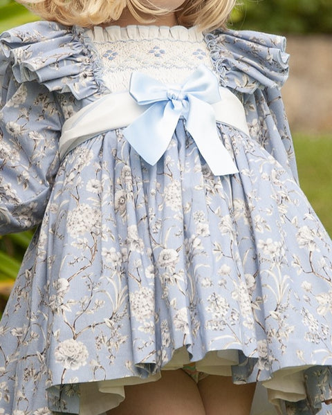 Sonata AW23 Spanish Girls Blue Floral Smocked Puffball Dress & Hairclip IN2339 - MADE TO ORDER