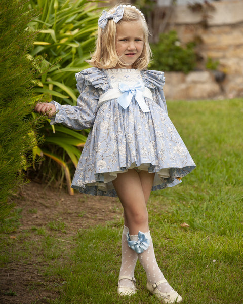 Sonata AW23 Spanish Girls Blue Floral Smocked Puffball Dress IN2339 - MADE TO ORDER