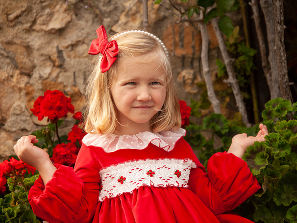 Sonata AW23 Spanish Girls Red Smocked Puffball Dress IN2343 - MADE TO ORDER