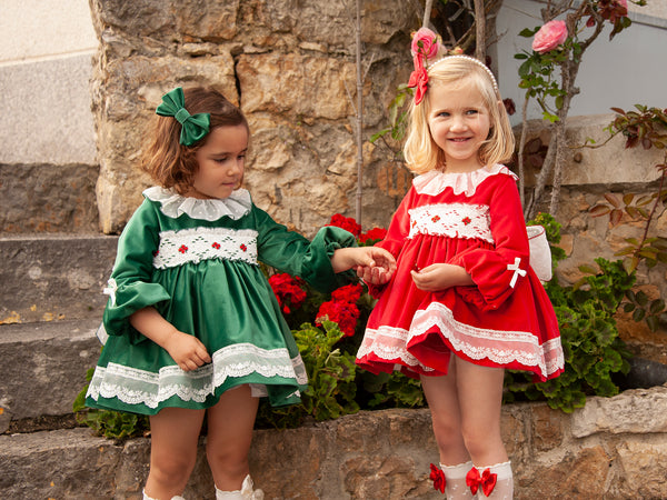 Sonata AW23 Spanish Girls Red Smocked Puffball Dress & Hairclip IN2343 - MADE TO ORDER