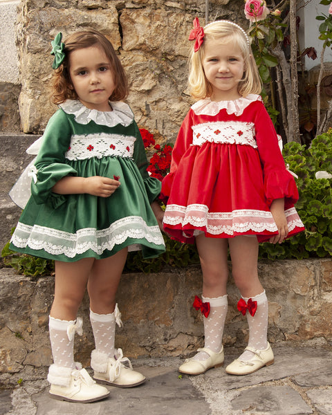 Sonata AW23 Spanish Girls Red Smocked Puffball Dress & Hairclip IN2343 - MADE TO ORDER