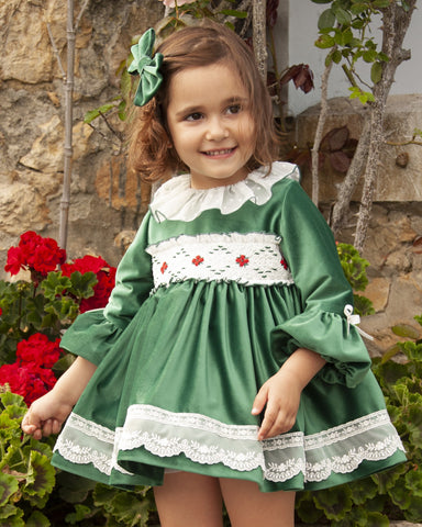 Sonata AW23 Spanish Girls Green Smocked Puffball Dress IN2344 - MADE TO ORDER
