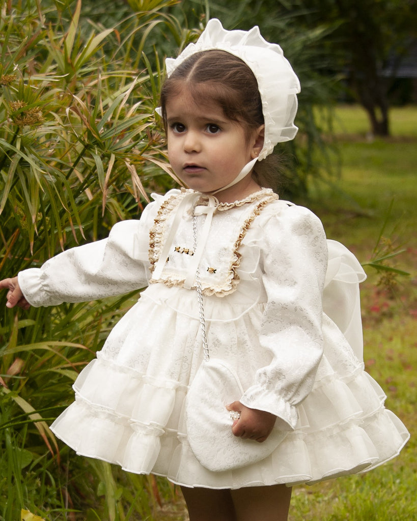 Sonata Infantil AW24 Spanish Girls Cream & Gold Puffball Dress IN2412 - MADE TO ORDER 3 months Sonata Infantil AW24 Spanish Girls Cream & Gold Puffball Dress IN2412 - MADE TO ORDER 3 months