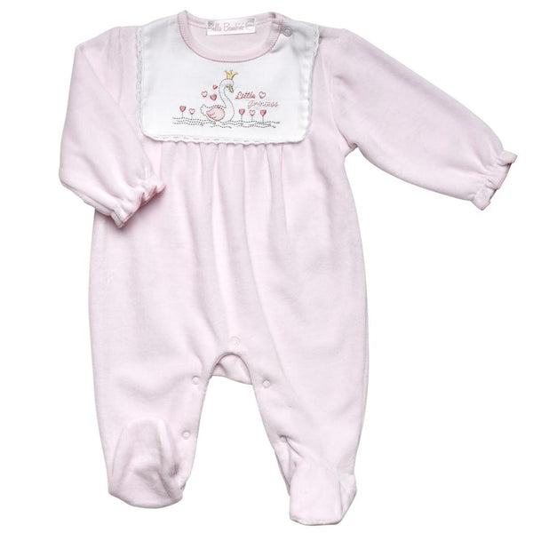 Traditional Baby Girls Pink Swan Princess Velour Sleepsuit/Babygrow