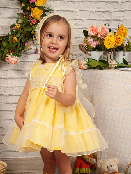 Sonata Infantil Spanish Girls Lemon Smocked Organza Dress PC2310 - IN STOCK NOW