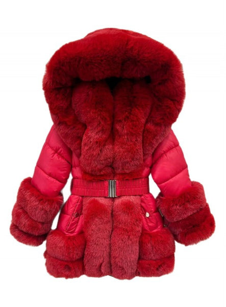 Older Girls AW23 Hooded Fur Puffer Jacket/Coat - Red - RESTOCKED 1-14Y