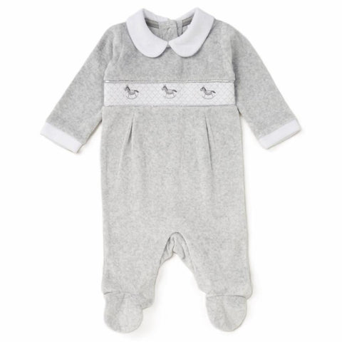 Traditional Baby Boys Grey Smocked Rocking Horse Velour Sleepsuit / Babygrow
