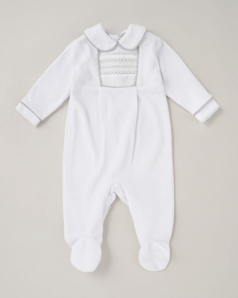 Spanish Unisex Baby White Smocked Velour Sleepsuit/Babygrow ~ 0-9m
