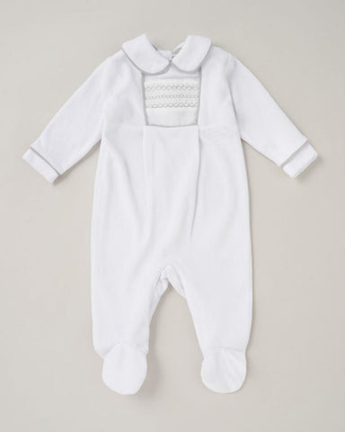 Spanish Unisex Baby White Smocked Velour Sleepsuit/Babygrow ~ 0-9m