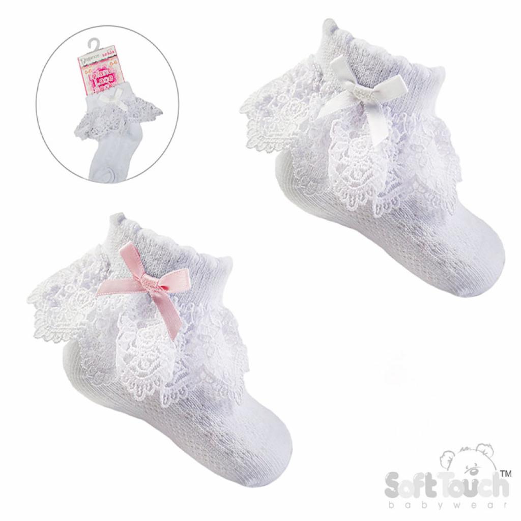 Traditional Baby Girls White Jester Pink Bow Socks