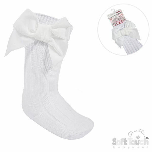 Traditional Baby Girls Velvet Knee Length Bow Socks - White