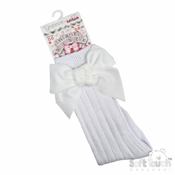 Traditional Baby Girls Velvet Knee Length Bow Socks - White