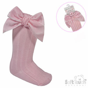 Traditional Baby Girls Velvet Knee Length Bow Socks - Pink