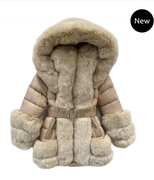 Older Girls AW23 Hooded Fur Puffer Jacket/Coat - Beige