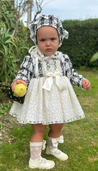 Sonata AW23 Spanish Girls Cream Lace & Tweed Puffball Dress IN2301- MADE TO ORDER