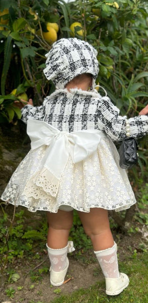 Sonata AW23 Spanish Girls Cream Lace & Tweed Puffball Dress IN2301- MADE TO ORDER