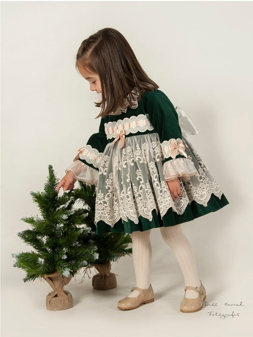 Sonata Infantil Spanish Girls Green Lace Velvet Puffball Dress MD111 - MADE TO ORDER