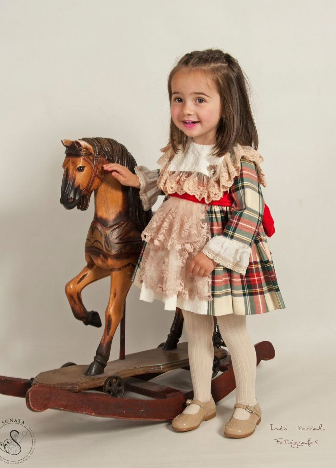 Sonata Infantil Spanish Girls Tartan Lace Puffball Dress MD104 - MADE TO ORDER
