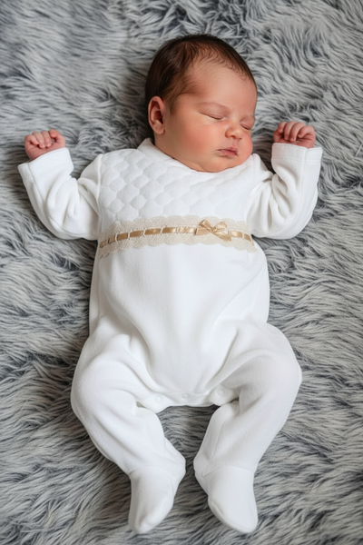 Spanish Unisex Baby Cream & Gold Velour Sleepsuit/Babygrow ~ NB