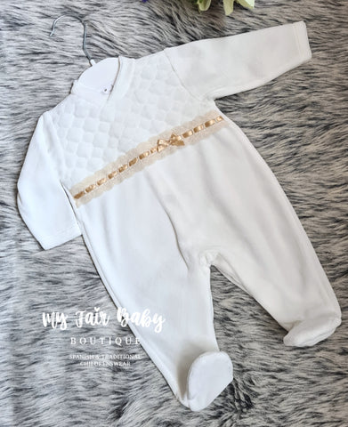 Spanish Baby Girls White & Navy Ribbon Slot Velour Sleepsuit/Babygrow – My  Fair Baby Boutique