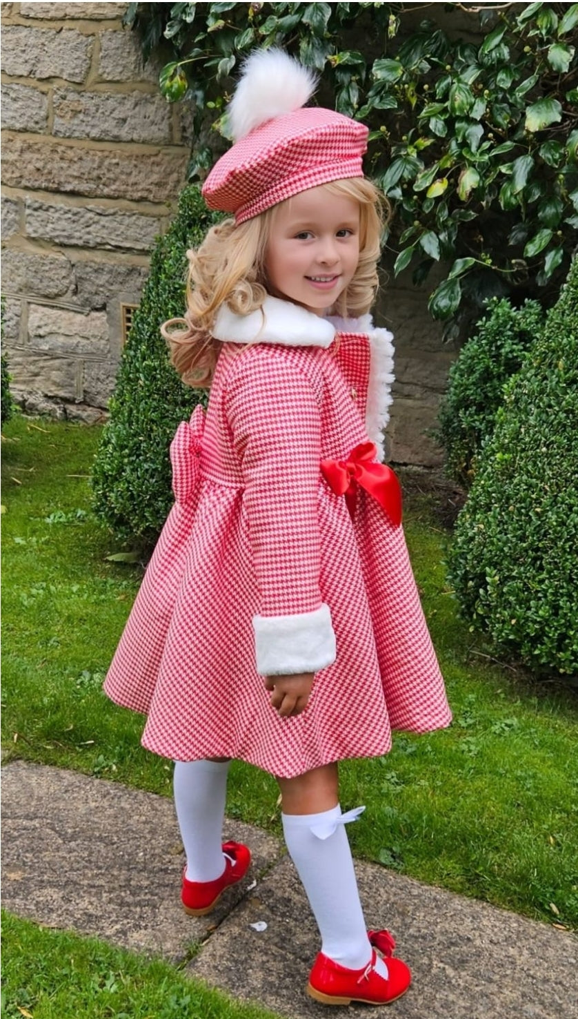 Sonata AW23 Spanish Girls Red Houndstooth Padded Winter Coat With Fur IN2360 - MADE TO ORDER