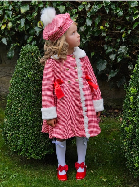 Sonata AW23 Spanish Girls Red Houndstooth Padded Winter Coat With Fur IN2360 - MADE TO ORDER