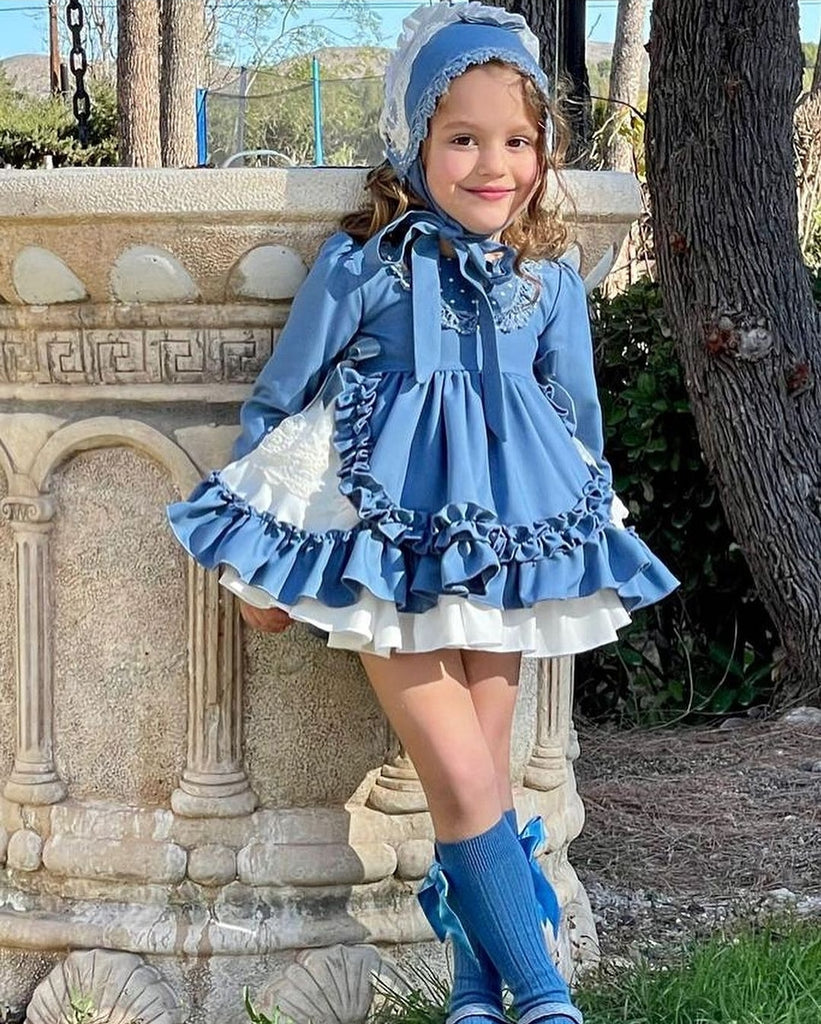 La Amapola Spanish Girls Blue Matilda Puffball Dress & Pants ~ 12m-6y My Fair Baby Boutique La Amapola Spanish Girls Blue Matilda Puffball Dress & Pants ~ 12m-6y My Fair Baby Boutique