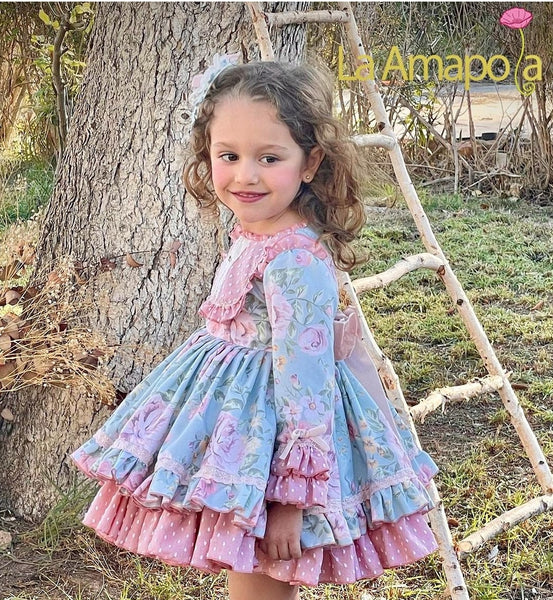 La Amapola AW23 Kira Blue Spanish Girls Blue & Pink Floral Dress