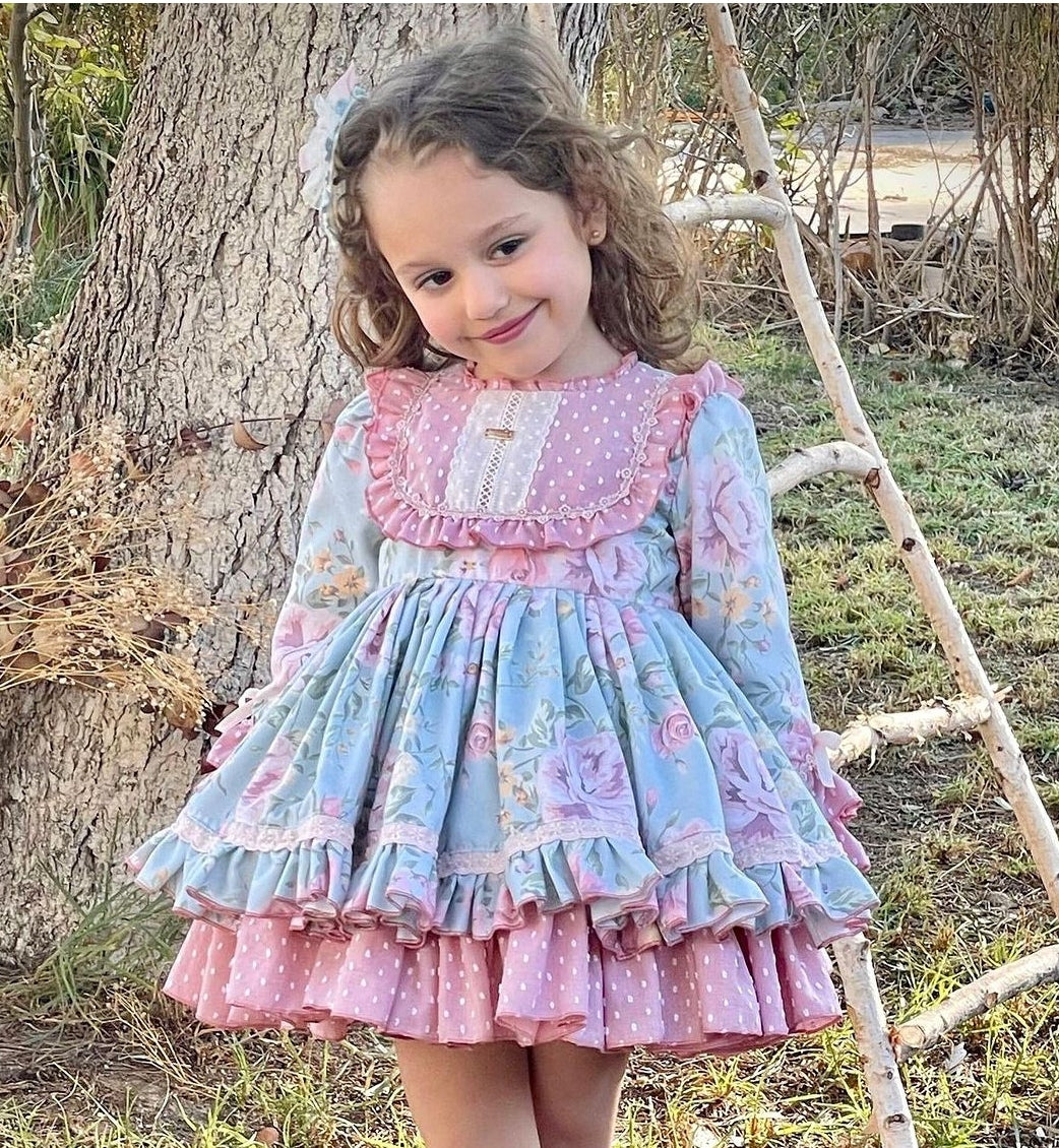 La Amapola Spanish Girls Blue & Pink Floral Dress ~ 3,10y