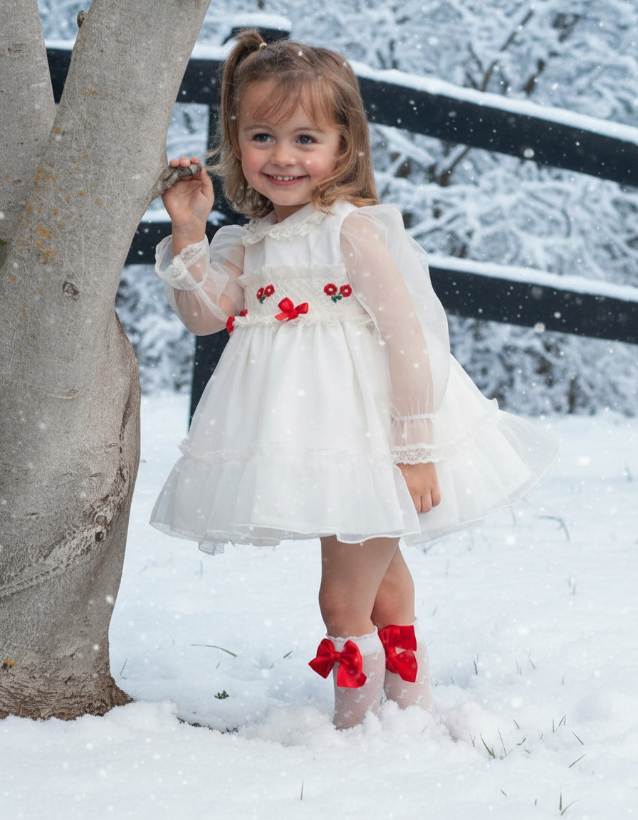 Sonata Infantil Ivory & Red Organza Smocked Puffball Dress & Bonnet - 3y IN STOCK NOW