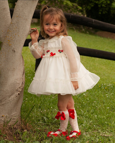 Sonata White & Red Organza Smocked Puffball Dress - 3y IN STOCK NOW