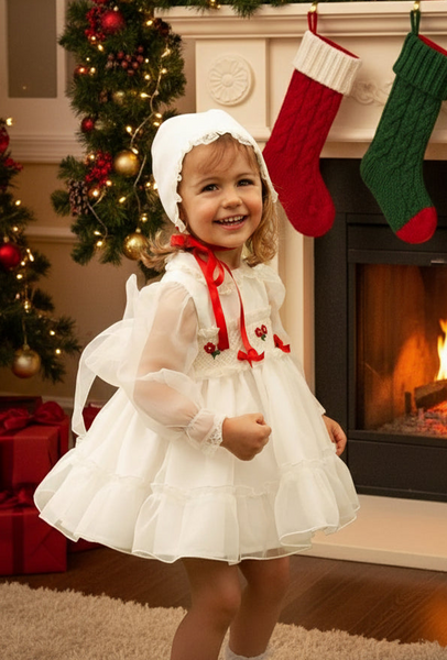 Sonata Infantil Ivory & Red Organza Smocked Puffball Dress & Bonnet - 3y IN STOCK NOW