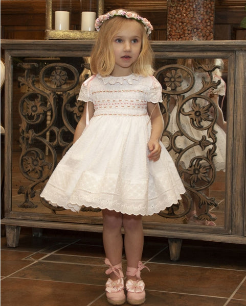 Sonata SS23 Spanish Girls White & Pink Double Smock Dress PC2330 - MADE TO ORDER