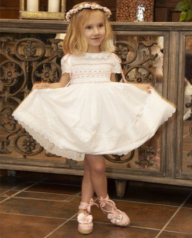 Sonata SS23 Spanish Girls White & Pink Double Smock Dress PC2330 - MADE TO ORDER