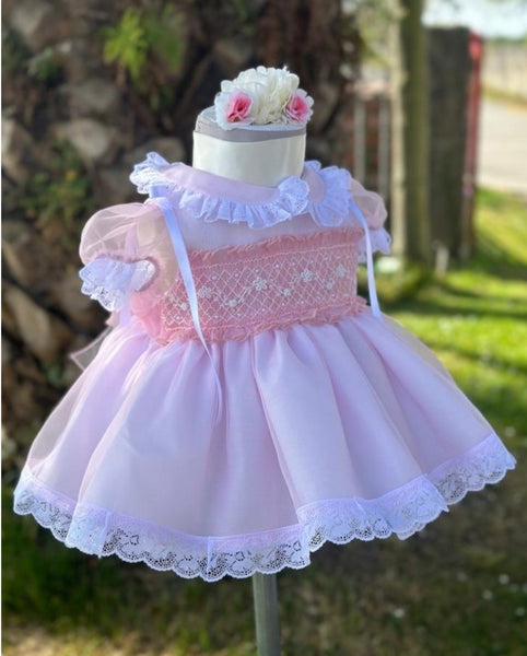 Sonata SS23 Spanish Girls Pink Smocked Flower Tulle Dress PC2332 - MADE TO ORDER