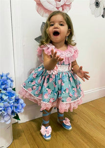Sonata Infantil Spanish Girls Blue & Pink Floral Dress VE2104 - MADE TO ORDER